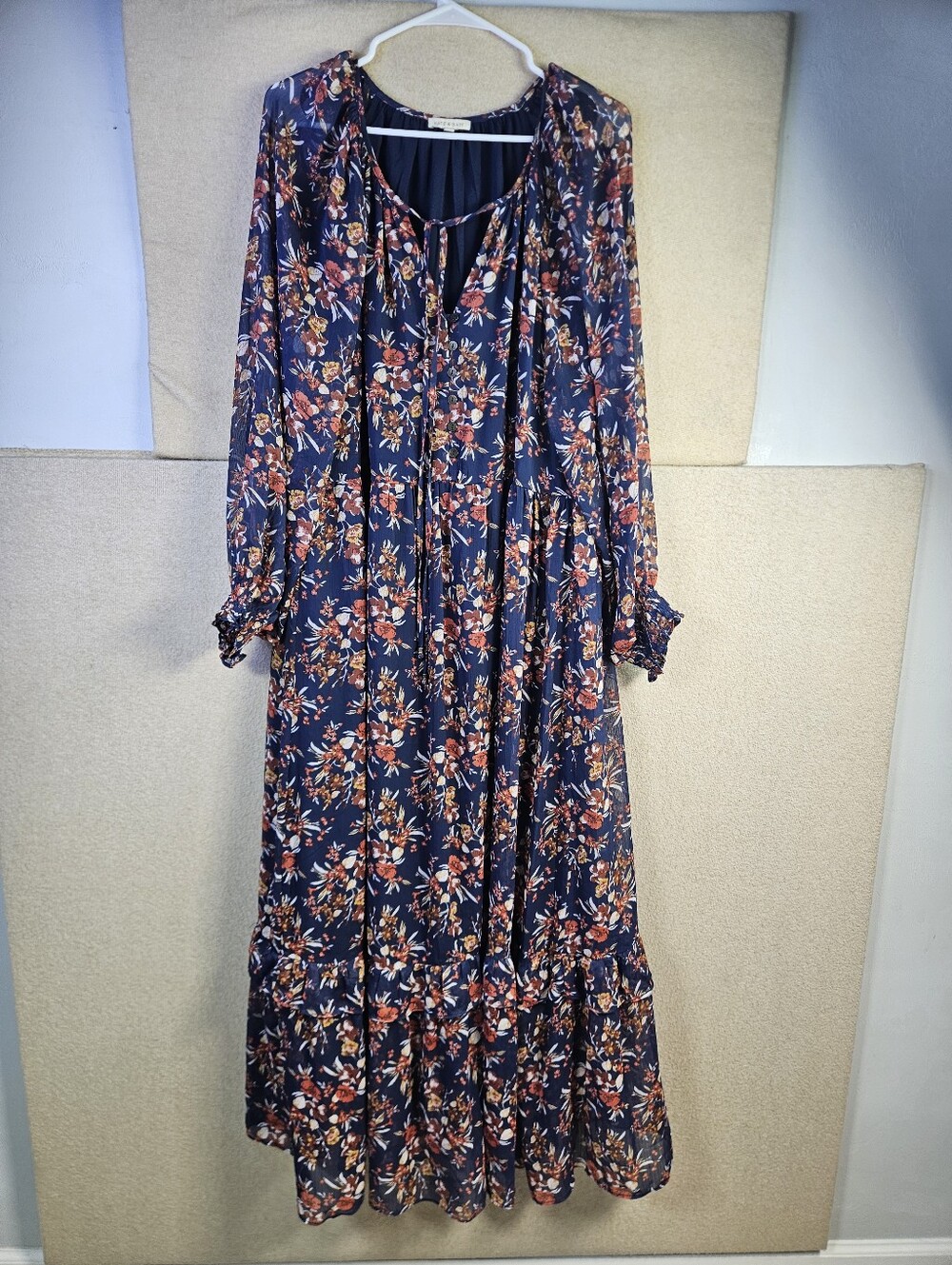 Kate & Sam Women's XXL Navy Floral Maxi Dress Long Sleeve Boho Lined Tiered